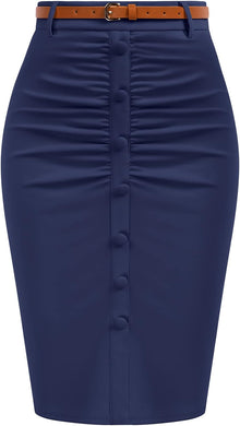 Business Style Navy Blue Belted Button Down Pencil Skirt