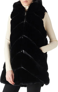 Faux Fur Hooded Black Leather Striped Sleeveless Vest Coat