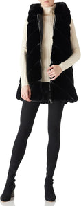 Faux Fur Hooded Pink Leather Striped Sleeveless Vest Coat