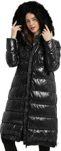 Load image into Gallery viewer, Winter Warmth Black Faux Fur Metallic Hooded Puffer Long Mid Length Coat