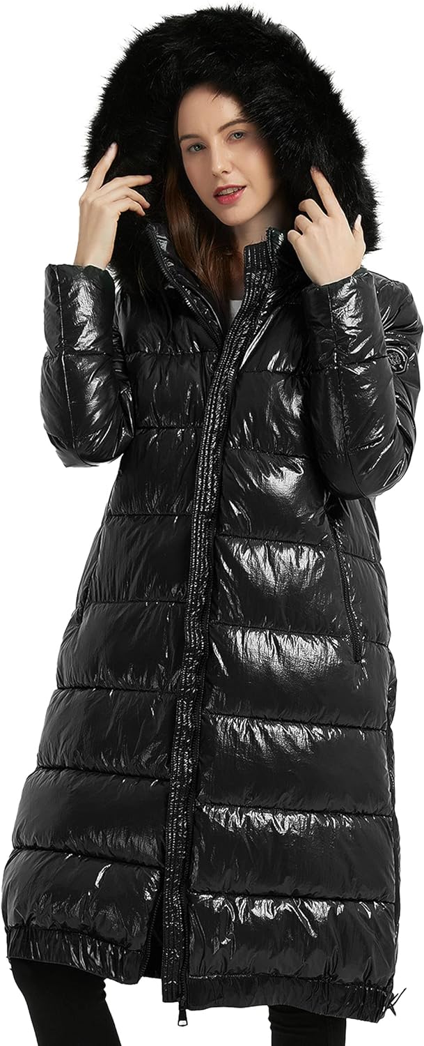 Winter Warmth Black Faux Fur Metallic Hooded Puffer Long Mid Length Coat