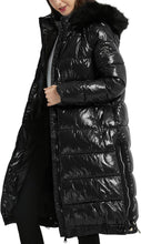 Load image into Gallery viewer, Winter Warmth Black Faux Fur Metallic Hooded Puffer Long Mid Length Coat