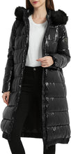 Load image into Gallery viewer, Winter Warmth Black Faux Fur Metallic Hooded Puffer Long Mid Length Coat