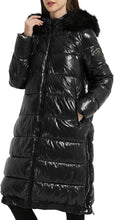 Load image into Gallery viewer, Winter Warmth Black Faux Fur Metallic Hooded Puffer Long Mid Length Coat