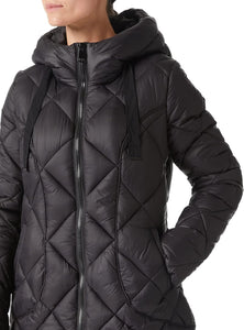 Windproof Black Thick Diamond Quilted Long Sleeve Hooded Winter Coat