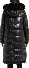 Load image into Gallery viewer, Winter Warmth Black Faux Fur Metallic Hooded Puffer Long Mid Length Coat