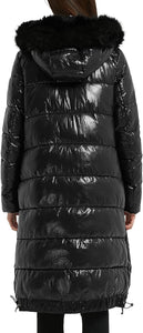 Winter Warmth Black Faux Fur Metallic Hooded Puffer Long Mid Length Coat