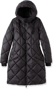 Windproof Black Thick Diamond Quilted Long Sleeve Hooded Winter Coat