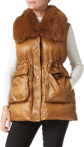 Faux Fur Trim Puffer Style Black Sleeveless Cargo Pocket Vest Coat