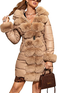 Faux Fur Cappuccino Hooded Parka Winter Long Sleeve Coat