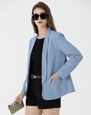 Casual Style Light Blue Business Lapel Buttonless Blazer Jacket