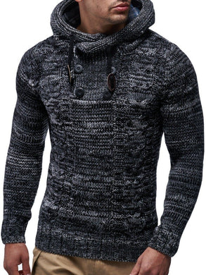Men's Black Hooded Cable Knit Long Sleeve Sweater
