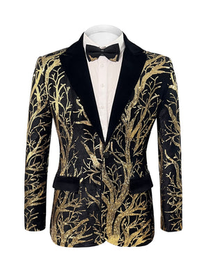 Men's Black & Gold Sequin Floral Glitter Long Sleeve Blazer