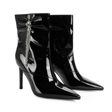 Black Shiny Pointy Toe Ankle Stiletto Boots