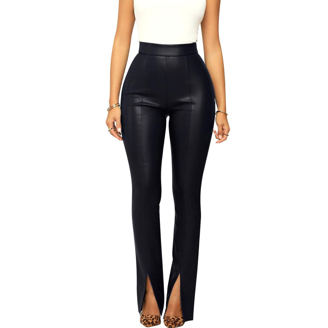 Black Faux Leather Front Slit Pants