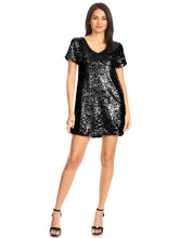 Load image into Gallery viewer, Black Sequin Glitter Short Sleeve V Neck Dress