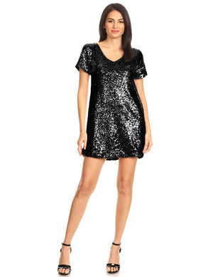Black Sequin Glitter Short Sleeve V Neck Dress