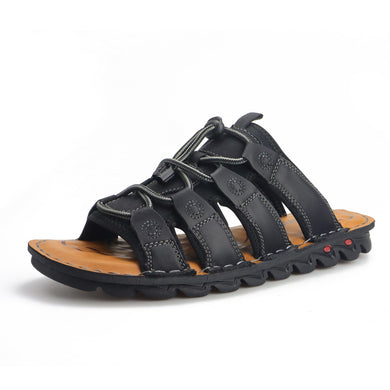 Lace Up Men's Black Leather Casual Slide Sandals