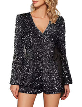 Load image into Gallery viewer, Black Stylish Sequin Wrap Style Shorts Romper