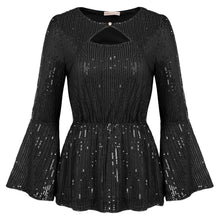 Load image into Gallery viewer, Black Sequin Flare Sleeve Peplum Glitter Blouse
