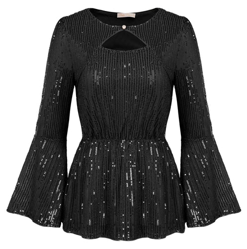 Black Sequin Flare Sleeve Peplum Glitter Blouse