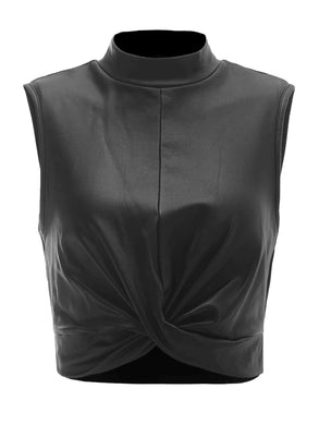 Black Faux Leather Mock Neck Sleeveless Crop Top