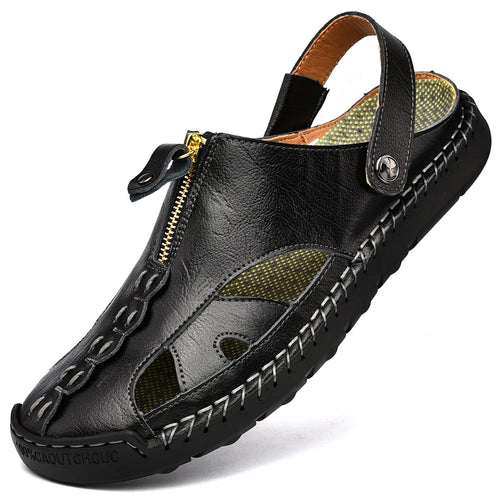 Men's Zipper Black Leather Outdoor Stylish Summer Sandals