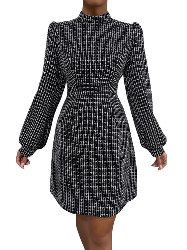 Black Plaid Tweed Long Sleeve Dress