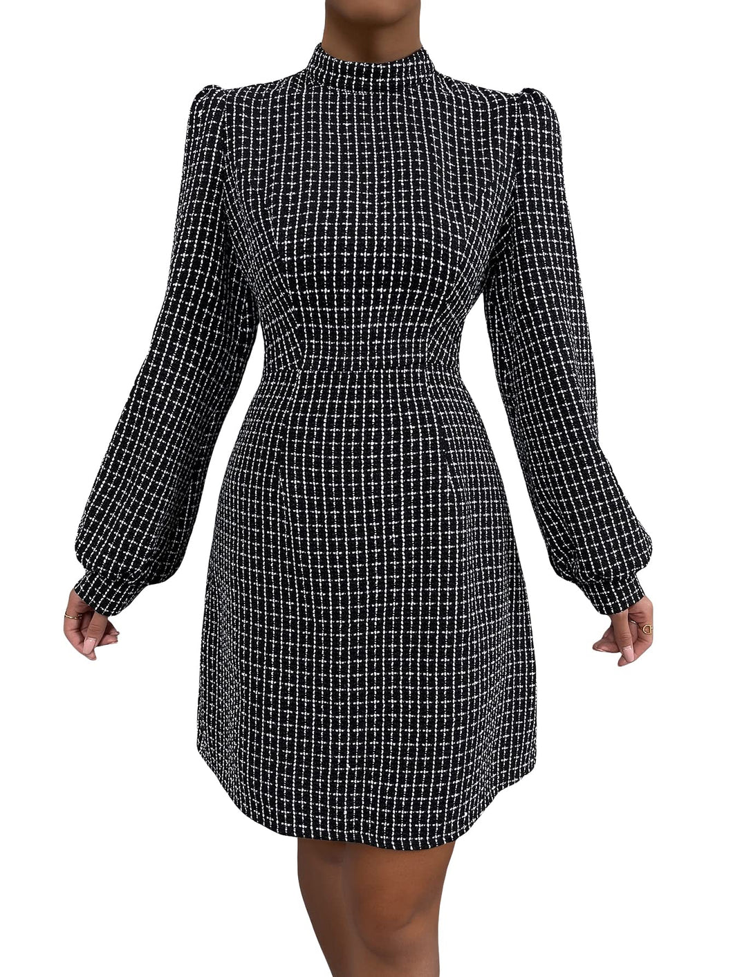 Black Plaid Tweed Long Sleeve Dress