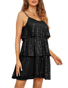 Black Ruffled Sequin Sleeveless Layered Mini Dress