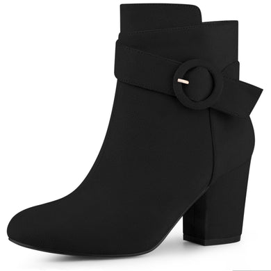 Black Chic Suede Round Toe Buckle Heel Ankle Boots