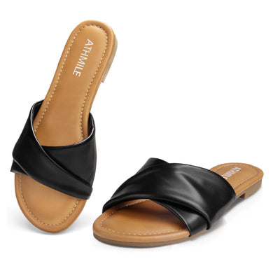 Black Casual Leather Summer Flat Sandals