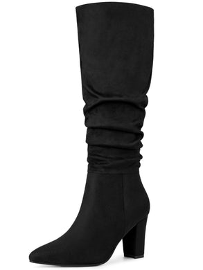 Black Slouchy Pointy Toe Knee High Boots