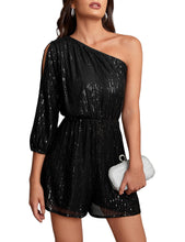 Load image into Gallery viewer, Black One Shoulder Sequin Shorts Romper