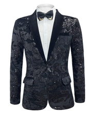 Load image into Gallery viewer, Black Men&#39;s Sequin Floral Party Long Sleeve Blazer