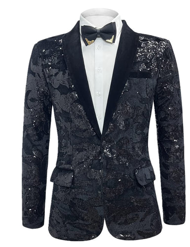 Black Men's Sequin Floral Party Long Sleeve Blazer