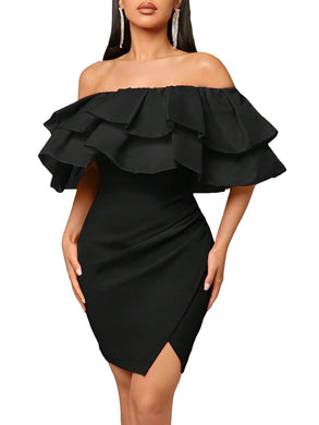 Black Ruffled Layered Off Shoulder Mini Dress