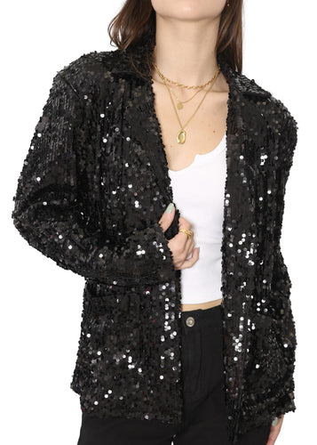 Black Sequined Sparkle Open Front Party Blazer