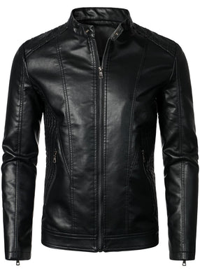 Men's Black Leather Stand Collar Style Jacket