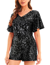 Load image into Gallery viewer, Black Sequin Sparkle Ruffle Sleeve Shorts Romper