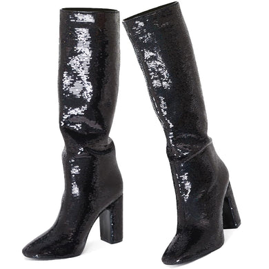 Black Sequin Glitter Knee High Boots