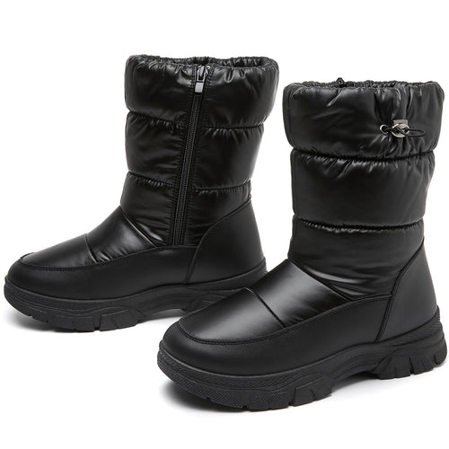 Black Warm Comfort Drawstring Platform Snow Boots