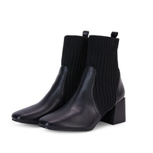 Load image into Gallery viewer, Black Leather Knit Chunky Heel Ankle Boots