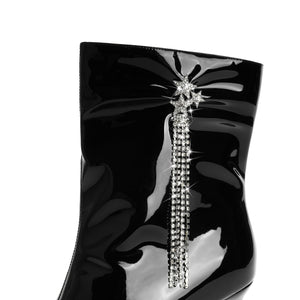 Black Shiny Pointy Toe Ankle Stiletto Boots