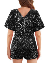 Load image into Gallery viewer, Black Sequin Sparkle Ruffle Sleeve Shorts Romper