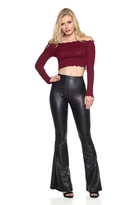 Black Faux Leather Flare Bell Bottom Pants