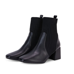 Black Leather Knit Chunky Heel Ankle Boots