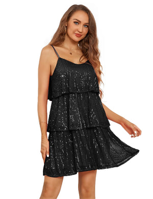 Black Ruffled Sequin Sleeveless Layered Mini Dress