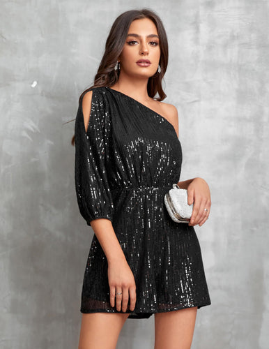 Black One Shoulder Sequin Shorts Romper