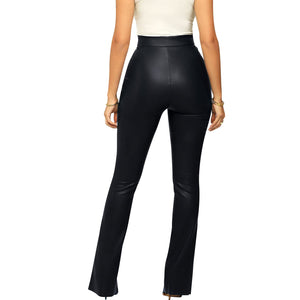 Black Faux Leather Front Slit Pants